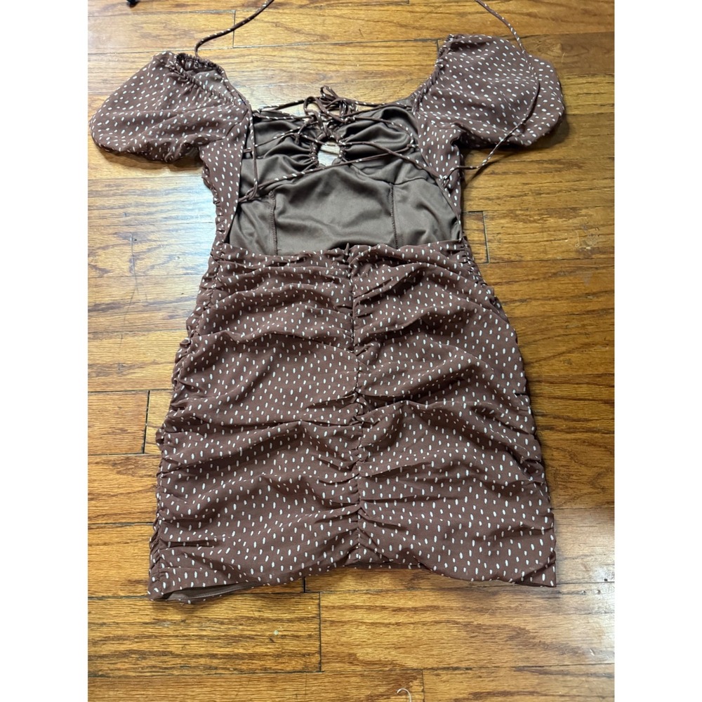Stella Laguna Beach Brown Dotted Ruched Puff Sleeve Lace Up Mini Dress Medium - Picture 7 of 8